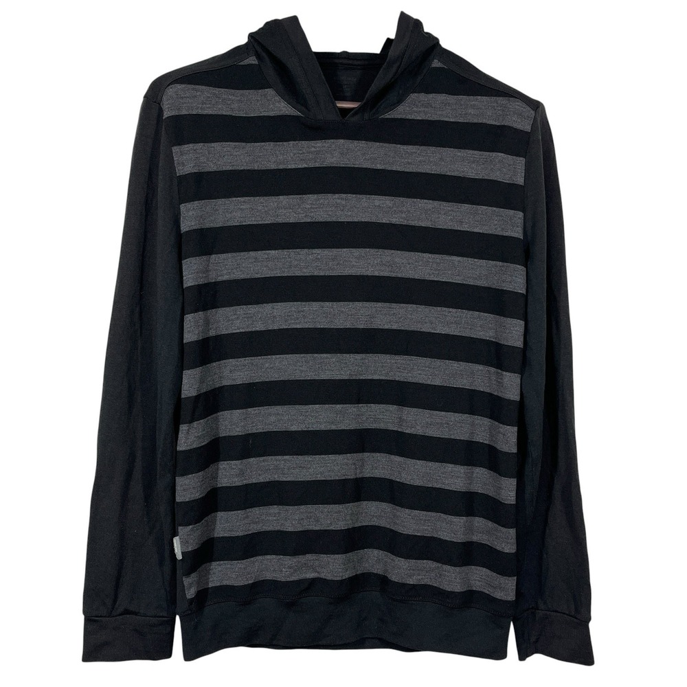 Icebreaker 100% Merino Wool Hooded Baselayer Top Mens M Black Striped Pullover
